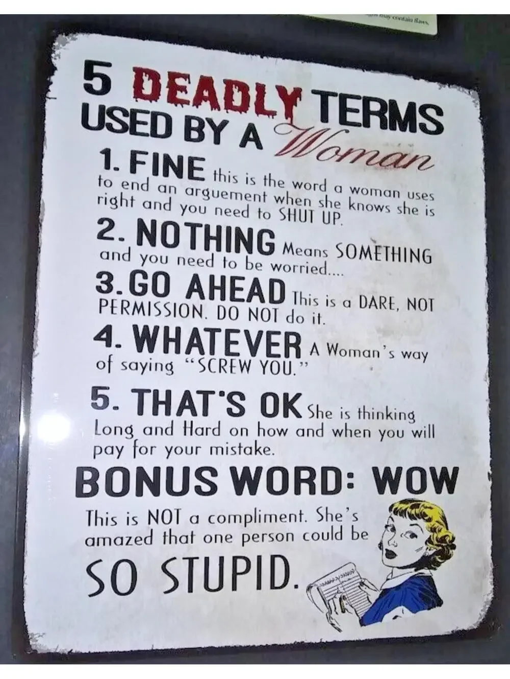 Deadly Terms Used By A Woman Tin Metal Sign Man Cave Garage Humor Decor 12